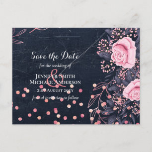 LeahGデニムブルーロセゴルドピンク結婚フローラ ポストカード