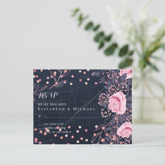 LeahGデニムブルーロセゴルドピンク結婚フローラ ポストカード (スタンド正面)