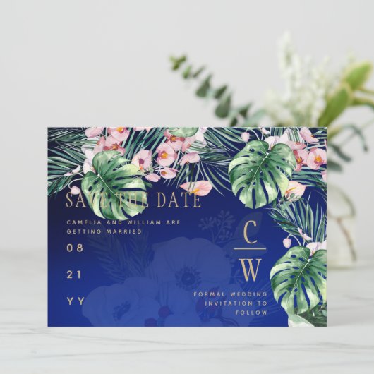 LeahGトロピカルブルーグリーンピンク結婚フローラ セーブザデート (スタンド正面)