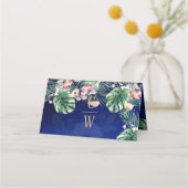 LeahGトロピカルブルーグリーンピンク結婚フローラ プレイスカード (裏面)