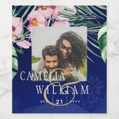 LeahGトロピカルブルーグリーンピンク結婚フローラ ワインラベル (シングルラベル)