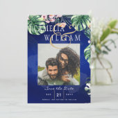 LeahGトロピカルブルーグリーンピンク結婚フローラ 招待状 (スタンド正面)