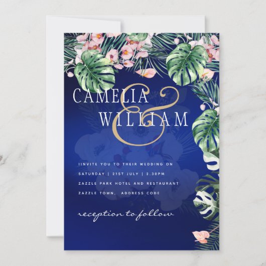 LeahGトロピカルブルーグリーンピンク結婚フローラ 招待状 (正面)