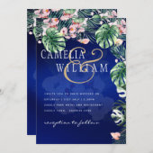 LeahGトロピカルブルーグリーンピンク結婚フローラ 招待状 (正面/裏面)