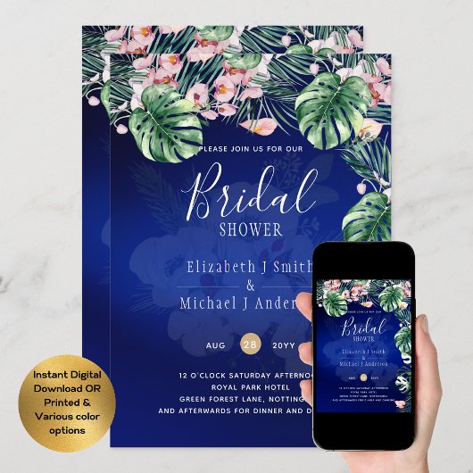 LeahGトロピカルブルーピンクフローラブライダルシャワー 招待状