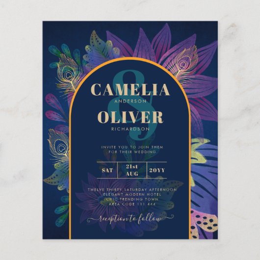 LeahGネイビーパープル金ゴールドジュエルトーンウェディング招待 (正面)