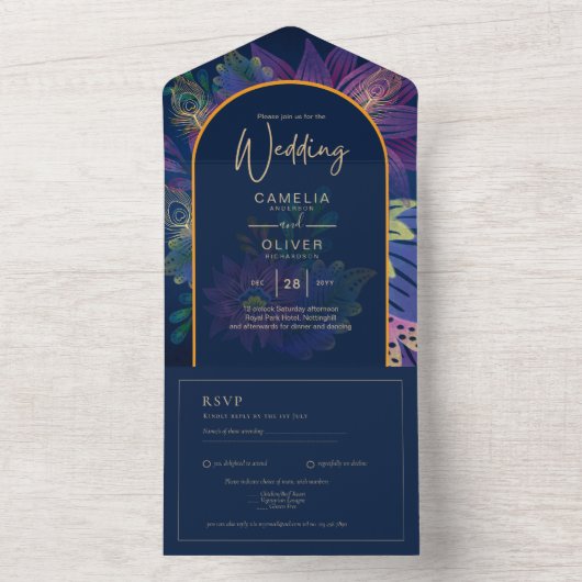 LeahGネイビーパープル金ゴールドジュエルトーンウェディング招待 オールインワン招待状 (内側)