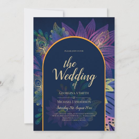 LeahGネイビーパープル金ゴールドジュエルトーンウェディング招待 招待状 (正面)