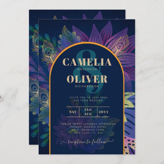 LeahGネイビーパープル金ゴールドジュエルトーンウェディング招待 招待状 (正面/裏面)