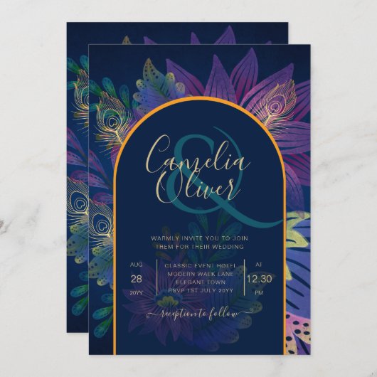LeahGネイビーパープル金ゴールドジュエルトーンウェディング招待 招待状 (正面/裏面)