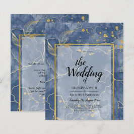 LeahGネイビーブルー金ゴールドインク抽象芸術結婚式の招待