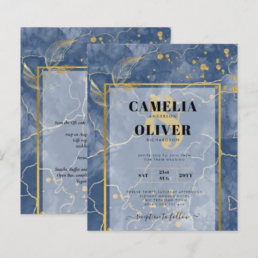 LeahGネイビーブルー金ゴールドインク抽象芸術結婚式の招待 (正面/裏面)
