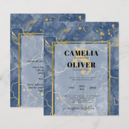 LeahGネイビーブルー金ゴールドインク抽象芸術結婚式の招待