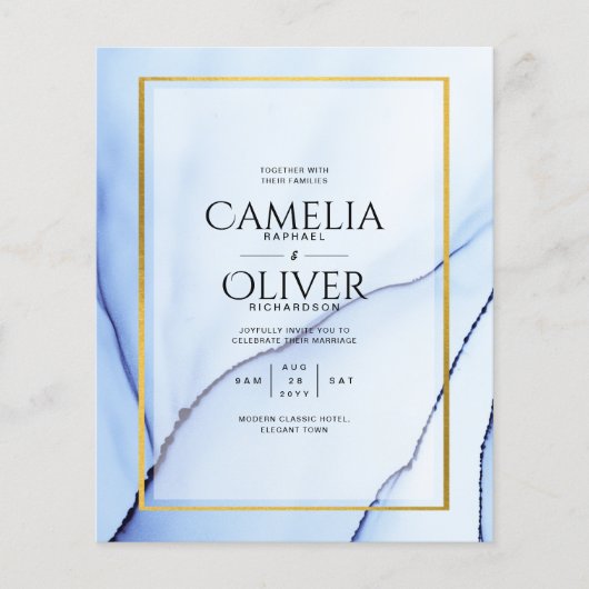 LeahGネイビーブルー金ゴールドインク抽象芸術結婚式の招待 チラシ (正面)