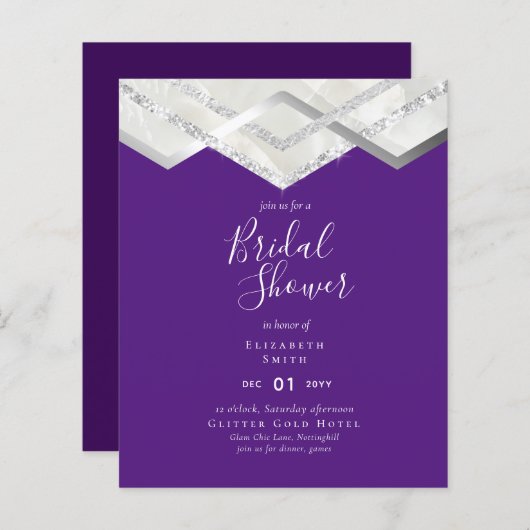 LeahGバジェットシルバーデコブライダルシャワー招待状 (正面/裏面)