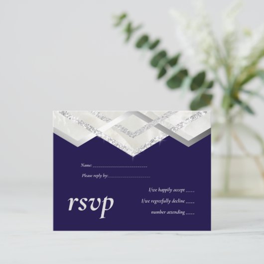 LeahGバジェットネイビーシルバーデコウェディングRSVP インビテーションポストカード (スタンド正面)