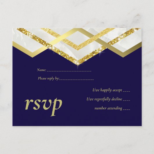 LeahGバジェットネイビー金ゴールド結婚アールデコ インビテーションポストカード (正面)