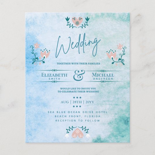 LeahGバジェット結婚式の招待フォークアートピーチティール(緑がかった色) (正面)