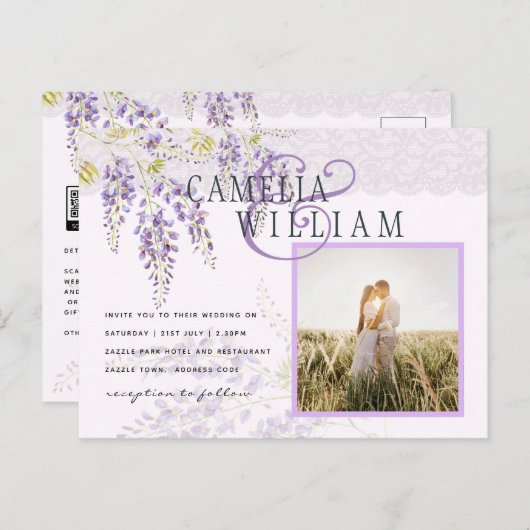 LeahGパープルウィステリアモダンフローラ結婚ズ ポストカード (正面/裏面)