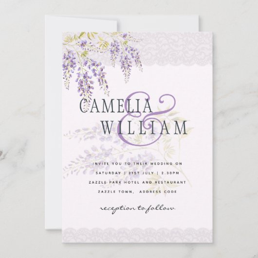 LeahGパープル藤レースフローラ結婚式INVITE 招待状 (正面)
