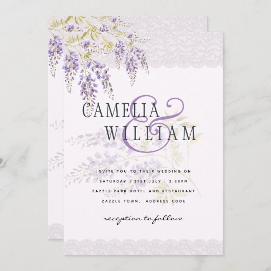 LeahGパープル藤レースフローラ結婚式INVITE 招待状 (正面/裏面)