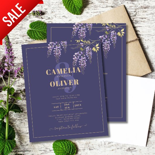LeahGパープル金ゴールド藤フローラ結婚式の招待