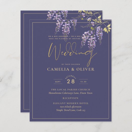 LeahGパープル金ゴールド藤フローラ結婚式の招待 (正面/裏面)