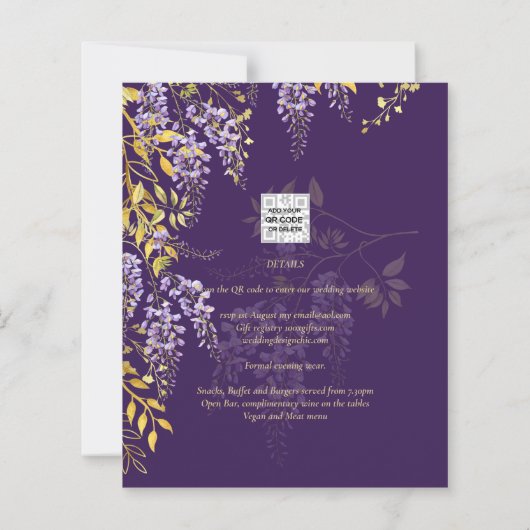 LeahGパープル金ゴールド藤フローラ結婚式の招待 (裏面)