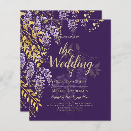 LeahGパープル金ゴールド藤フローラ結婚式の招待 (正面/裏面)