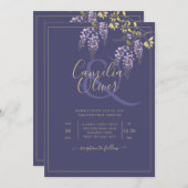 LeahGパープル金ゴールド藤フローラ結婚式の招待 招待状 (正面/裏面)