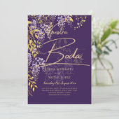 LeahGパープル金ゴールド藤フローラ結婚式の招待 招待状 (スタンド正面)