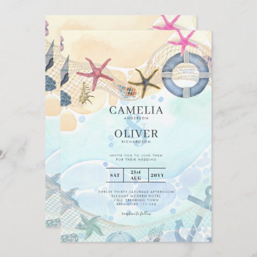 LeahGビーチ沿岸の目的地の結婚式招待状 招待状 (正面/裏面)