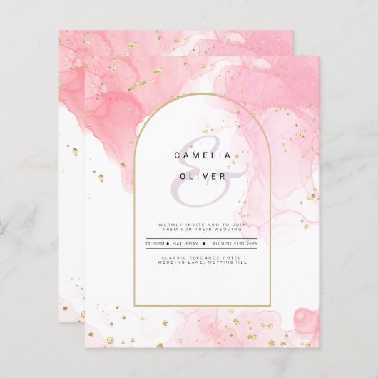 LeahGピンクの金ゴールドインク抽象芸術結婚式の招待 (正面/裏面)