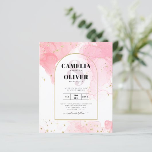 LeahGピンクの金ゴールドインク抽象芸術結婚式の招待 (スタンド正面)