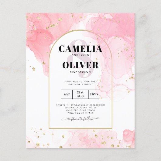LeahGピンクの金ゴールドインク抽象芸術結婚式の招待 (正面)