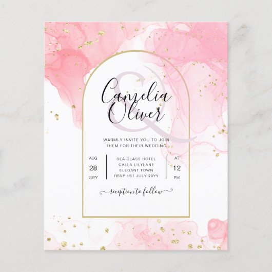 LeahGピンクの金ゴールドインク抽象芸術結婚式の招待 チラシ (正面)