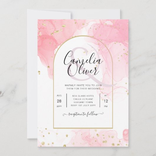 LeahGピンクの金ゴールドインク抽象芸術結婚式の招待 招待状 (正面)