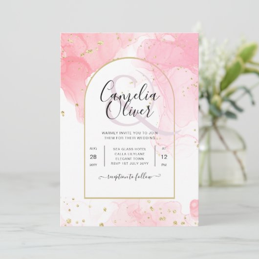 LeahGピンクの金ゴールドインク抽象芸術結婚式の招待 招待状 (スタンド正面)