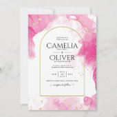 LeahGピンクの金ゴールドインク抽象芸術結婚式の招待 招待状 (正面)