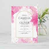 LeahGピンクの金ゴールドインク抽象芸術結婚式の招待 招待状 (スタンド正面)