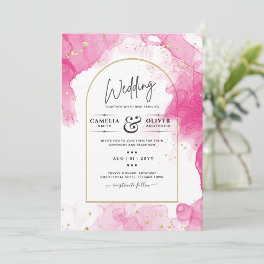 LeahGピンクの金ゴールドインク抽象芸術結婚式の招待 招待状 (スタンド正面)