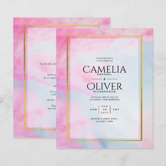 LeahGピンクアクアブルー金ゴールドインクウェディング招待 (正面/裏面)
