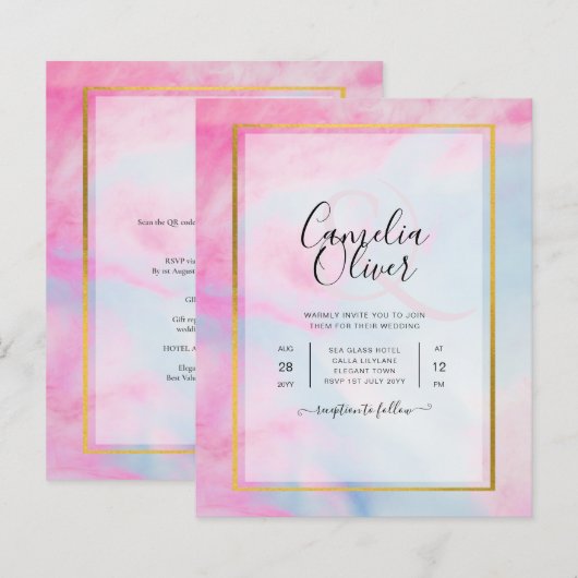 LeahGピンクアクアブルー金ゴールドインクウェディング招待 (正面/裏面)