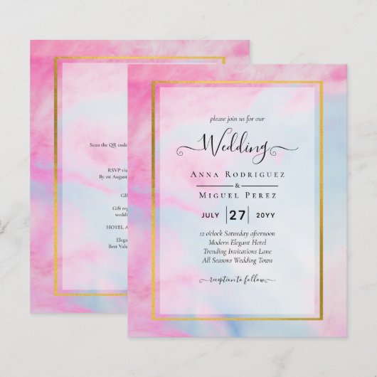 LeahGピンクアクアブルー金ゴールドインクウェディング招待 (正面/裏面)
