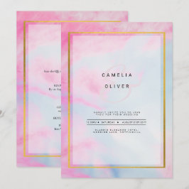 LeahGピンクアクアブルー金ゴールドインクウェディング招待 招待状