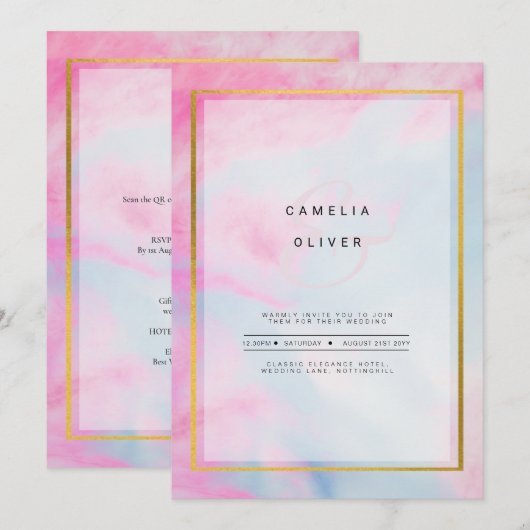 LeahGピンクアクアブルー金ゴールドインクウェディング招待 招待状 (正面/裏面)