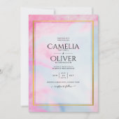 LeahGピンクアクアブルー金ゴールドインクウェディング招待 招待状 (正面)