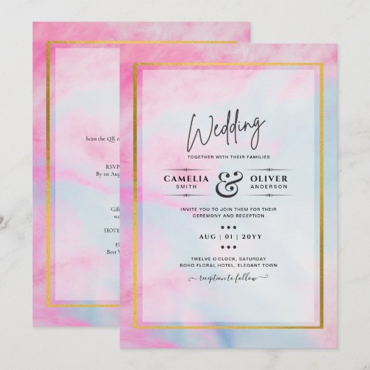 LeahGピンクアクアブルー金ゴールドインクウェディング招待 招待状 (正面/裏面)