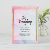LeahGピンクアクアブルー金ゴールドインクウェディング招待 招待状 (スタンド正面)
