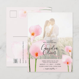 LeahGピンクカラリリーPHOTOオーバーレイ結婚式の招待 ポストカード